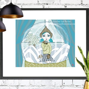 Snow Globe - Stampa d'arte, Big Eyed Girl, Inverno, Magico, Stravagante, Fiabesco, Carillon, Blu