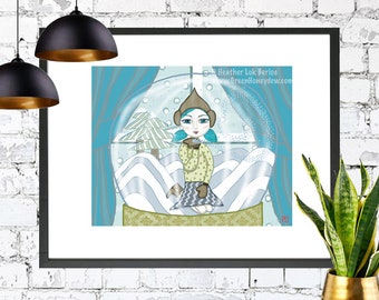 Snow Globe - Art Print, Big Eyed Girl, Winter, Magical, Whimsical, Fairytale, Music Box, Blue