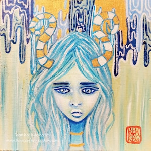 4X4&quot; Original Girl Painting - One of a Kind Artwork featuring a Magical Fairytale Girl with Blue Hair and Horns