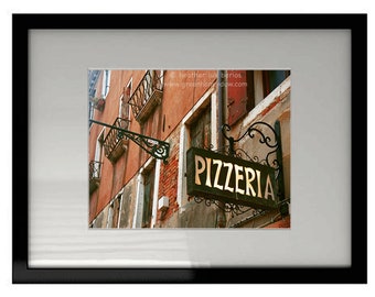 Pizzeria Sign Art Photography - Pizza Restaurant Bar Wall Decor - Photography Print - Urban Contemporary, Night Light, Italian Food, Italy