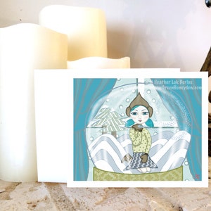 Snow Globe Christmas Holiday Note Card - Impresión de arte, Hermosa ilustración azul, Invierno, Contemporáneo, Impresión, Pacífico, Alegría, Regalo de Navidad