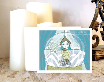 Snow Globe Christmas Holiday Note Card - Art Print, Beautiful Blue Illustration, Winter, Contemporary, Print, Peaceful, Joy, Xmas Gift