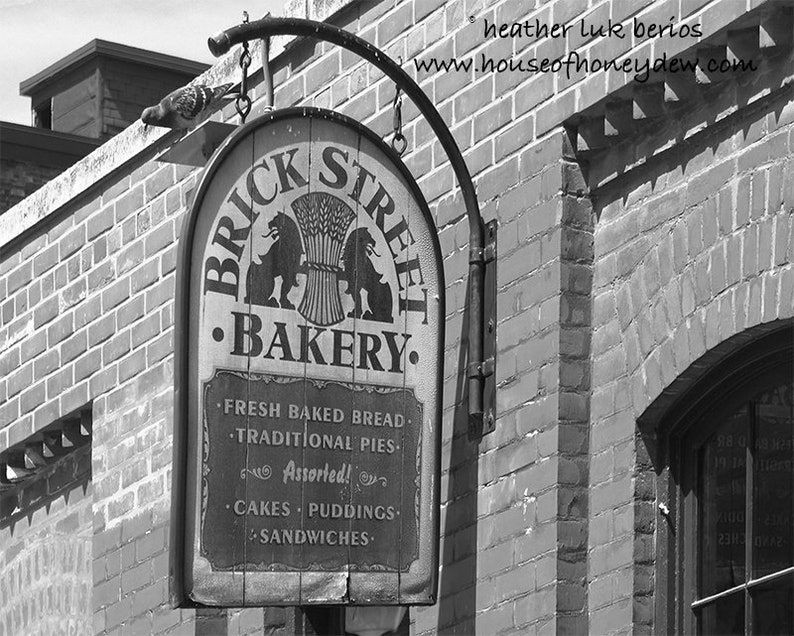 Toronto Wall Decor Brick Street Bakery Distillery District Fine Art Photography Print Red, Brick, Rustic Green Windows Shop Sign Antique image 3