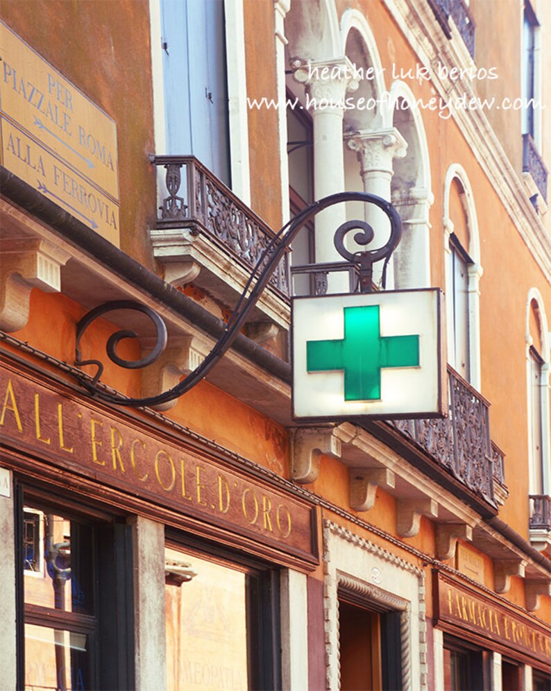 Venice Pharmacy Print Photography of a Green Farmacia Shop Sign in Venice, Italy image 2