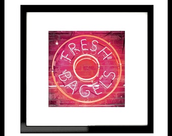 Photography - Neon Sign Fresh Bagels Photography Print - Contemporary Word Wall Decor - Fine Art Print Square Print Pink Red Florescent