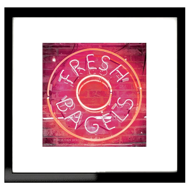 Photography - Neon Sign Fresh Bagels Photography Print - Contemporary Word Wall Decor - Fine Art Print Square Print Pink Red Florescent