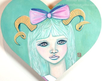 9x8" Heart Shaped Original Oil Painting - Magical, Whimsical, Fairytale, White Hair Girl, Wood, Art Decor, Pop Surrealism, Contemporary