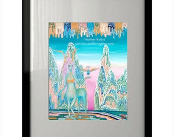 May include: A painting of a blue and green centaur-like creature with pink hair holding a small blue bird in a landscape with pink, blue, and green mountains. The text "Heather Berios" and "www.houseofhoneydew.com" is at the top of the painting.