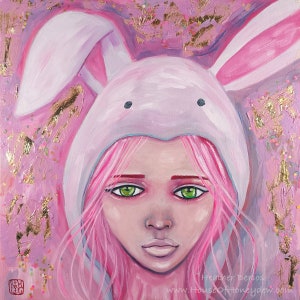 12x12&quot; Original Oil Painting - Bunny Costume Girl, Masquerade, Hip Chick Beautiful, Art Decor, Pop Surrealism, Contemporary