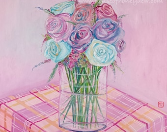 12x12" Original Oil Painting - Beautiful Flower Bouquet, Pink Yellow Tartan Tablecloth, Art Decor, Farmhouse Kitchen, Glass Vase