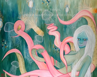 24x30" Original Oil Painting - Magical, Whimsical, Pop, Magical, Beautiful Octopus Girl, Art, Surrealism, Contemporary, Fantasy