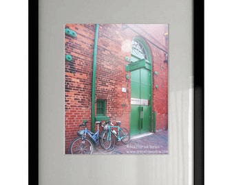 Toronto Corkin Gallery - Wall Decor - Fine Art Photography Print - Red, Brick, Rustic, Bicycles, Green Door, Historic, Distillery District