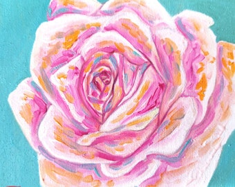 4X4" Original Oil Painting - Pink Rose, Flowers, Floral, Beautiful, Wood Panel, Teal Art Decor, Pop Surrealism, Contemporary