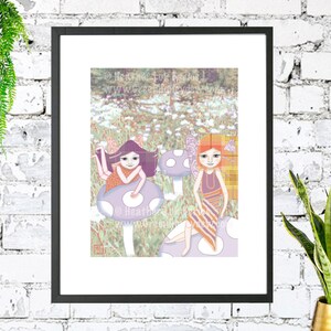 PilzFeen - Kunstdruck, Großes Augenmädchen, Lila, Orange, Whimsical, Illustration, Kinderzimmer, Märchen, Schwestern
