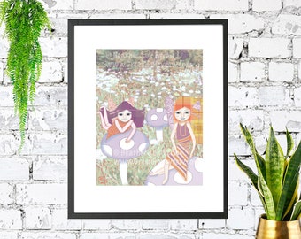 Mushroom Fairies - Art Print, Big Eyed Girl, Purple, Orange, Whimsical, Illustration, Children, Nursery, Fairytale, Sisters