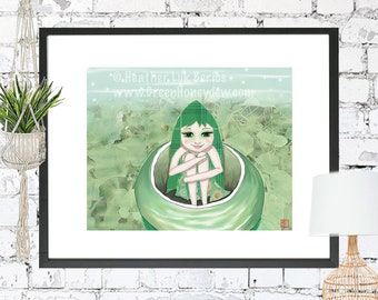 Green Honeydew Girl - Art Print, Beautiful Children, Daughter, Illustration, Big Eyed, Magical, Whimsical, Fairytale, Imaginary Land