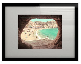 Matala Crete Greece Photography - Caves - Beach Wall Decor - Mediterranean Fine Art Print, Turquoise sand sunbathers