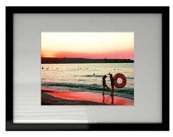Beach Sunset Photography - Pink Donut Wall Decor - Mediterranean Fine Art Print, sandy swimmers, coastal, Crete, Greek, Dusk, Dawn, Sunrise