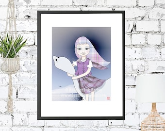 Scottish Girl - Art Print, Highland Dress Costume, Big Eyed Girl, Purple, Blue, Whimsical, Illustration, Children, Nursery, Lochness Monster