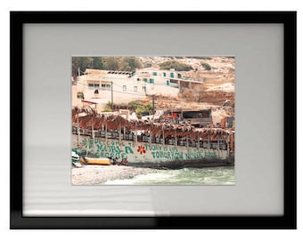 Matala Crete Greece Photography - Shore Beach Wall Decor - Mediterranean Fine Art Print, Turquoise sand sunbathers, Welcome Sign, Mountain