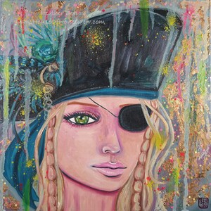 12x12" Original Oil Painting - Pirate Eye Patch Girl, Nautical Beautiful, Art Decor, Pop Surrealism, Contemporary