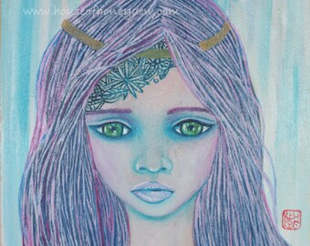 6x6" Original Oil Painting - Magical, Whimsical, Magical, Blue Hair Tattoo Girl, Beautiful, Art Decor, Pop Surrealism, Contemporary