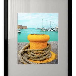 Yellow Pier Bollard Mooring Boats Water Crete Greece Green Photography - Wall Decor - Fine Art Photography Print, Nautical, Rope, Aqua