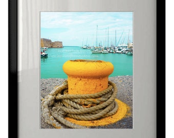 Yellow Pier Bollard Mooring Boats Water Crete Greece Green Photography - Wall Decor - Fine Art Photography Print, Nautical, Rope, Aqua