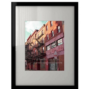 May include: A photograph of a row of red brick buildings with fire escapes. The buildings are in a city setting and have a vintage feel. A "No Parking" sign is visible in the foreground.