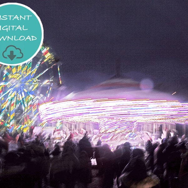 Digital Download Night Carnival Carousel Photography Neon Rides Fun Fair Art Wall Decor Contemporary Bright Light Ferris Wheel Modern, Urban