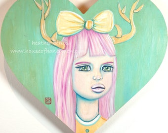9x8" Heart Shaped Original Oil Painting - Magical, Whimsical, Fairytale, Pink Hair Girl, Wood, Art Decor, Pop Surrealism, Contemporary