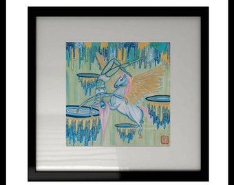 Art Print - Free Falling Girl Unicorn Portrait - Giclee artwork interior decoration