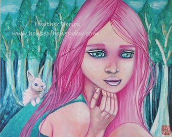 8X10" Original Oil Painting - Magical, Whimsical, Pink Hair Girl, Fairytale, Bunny, underwater, Art Decor, Pop Surrealism, Contemporary