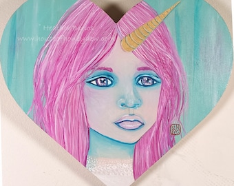 9x8" Heart Shaped Original Oil Painting - Magical, Whimsical, Fairytale, Pink Unicorn Hair Girl, Art Decor, Pop Surrealism, Contemporary