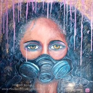 24x24" Original Oil Painting - Gas Mask, Black Strong Woman Girl, Art, Surrealism, Contemporary
