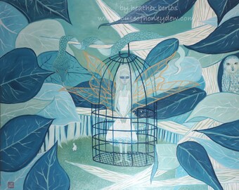 24x30" Original Oil Painting - Magical, Whimsical, Pop, Magical, Fairy, Birdcage, Forrest, Teal, Art, Surrealism, Contemporary, Fantasy