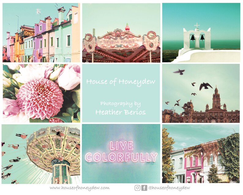 May include: A collage of colorful images featuring a carousel, flowers, buildings, and a sign that reads "Live Colorfully". The text "House of Honeydew" and "Photography by Heather Berios" are also included.