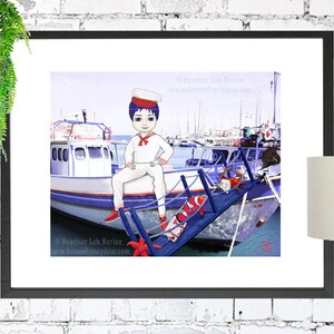 Sailor Illustration Print - An Art Print of a Big Eyed Captain Sailor Boy with his Sea Creature Friends