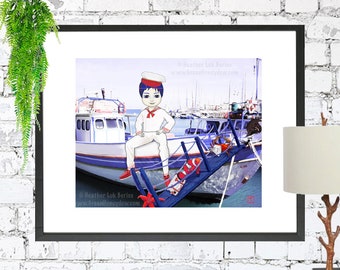 Sailor Illustration Print - An Art Print of a Big Eyed Captain Sailor Boy with his Sea Creature Friends