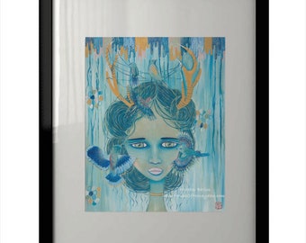 Art Print - Reindeer Girl with Birds Nest (Portraits of the Magical No. 12) - Giclee artwork interior decoration
