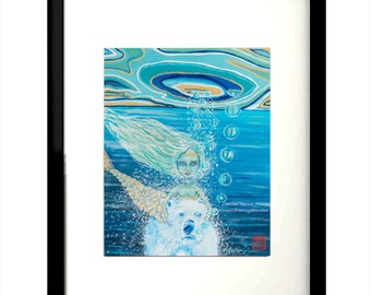 Art Print -  Mermaid Girl and Polar Bear (Transcendence A Magical Journey No. 5) - Giclee artwork interior decoration