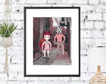 Walking Dog - Art Print, Big Eyed Girl, Red, Pink, Whimsical, Illustration, Children, Nursery, Dalmatian, Bicycle
