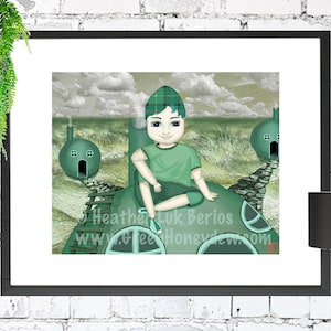 Green Honeydew Boy - Stampa d'arte, Bei bambini, Ragazzo, Illustrazione, Grande occhio, Magico, Stravagante, Fiaba, Terra immaginaria, Igloo