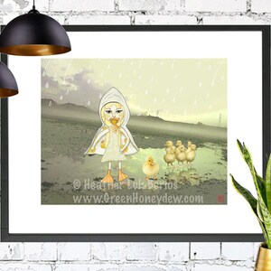 The Duck Piper - Art Print, Big Eyed Girl, Geel, Grillig, Illustratie, Kinderen, Kinderkamer, Sprookje, Piped Piper Parodie, Eendje