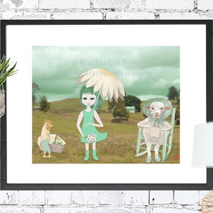 Frühlingswiese - Kunstdruck, Big Eyed Girl, Grün, Gelb, Whimsical, Illustration, Kinderzimmer, Märchen, Gänseblümchen, Lamm, Schaf, Henne, Ei