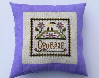 Handmade completed cross stitch pillow, Courage, word stitched pillow, healthcare or 1st responder gift, encouragement, shelf pillow