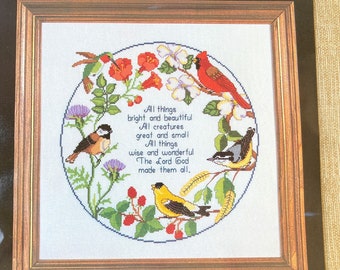 Janlynn counted cross stitch kit Circle of Songbirds dated 1985, birdlover gift, religious quote, opened but complete