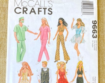 McCalls Crafts 9663 uncut, FF doll clothes pattern, dated 1998, glamour and sports clothes for 11 1/2 - 12 1/2 inch female and male dolls