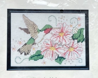 Hummingbird counted cross stitch unopened kit  by Golden Bee Stitchery dated 1990, item 60412, 7 x 5 inches cross stitch kit