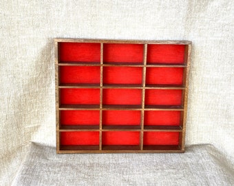 Vintage wood display case with red background to showcase collectibles, hanging curio display, jewelry or supply organizer, 13 1/8 x 11 1/2